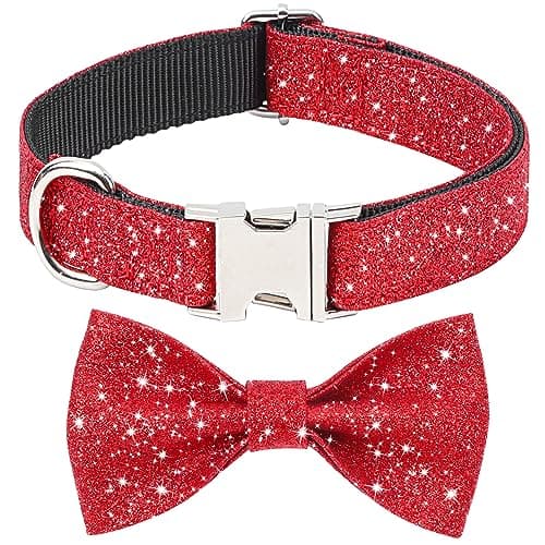 Jumpress Red Dog Collar with Bow, Bling Bowtie Dog Collar for Puppy Small Medium Dogs, Cute Walking Boy and Girl Dog Collar (Neck fit 11-16’’)