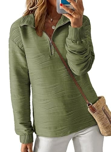 Dokotoo Womens Half Zip Pullover Sweatshirt for Women Long Sleeve Shirts Textured Tops Fall Comfy Loose Fit Jackets Sweatshirts Sweaters Clothes 2026 Trendy Knit Outfits Green Mdeium - Image 1