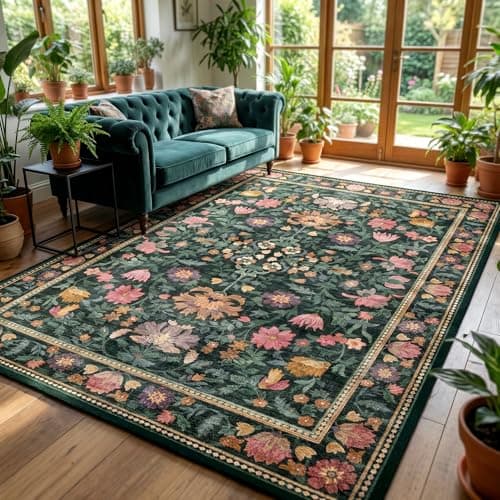 Cnythlis 6'x9' Dark Green Washable Non-Slip Large Area Rug, Vintage Botanical 0.26" Low Pile Faux Wool Soft Carpet for Living Room Bedroom, Water Stain Resistant