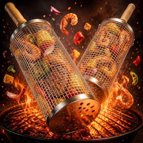 Rolling Grill Basket,2-Pack 304 Stainless Steel Grill Baskets with Removable Wooden Handle,Vegetable Grill Basket BBQ Tool for Outdoor Cooking Camping Gifts for Men Dad Husband - Image 1