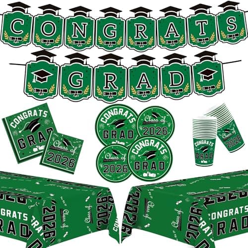 OHOME Graduation Party Decorations 2026 - Graduation Decorations Class of 2026 - Serve 24 - Green Plates Tablecloth Napkins Cups Graduation Banner- Graduation Party Favors Supplies - Image 1