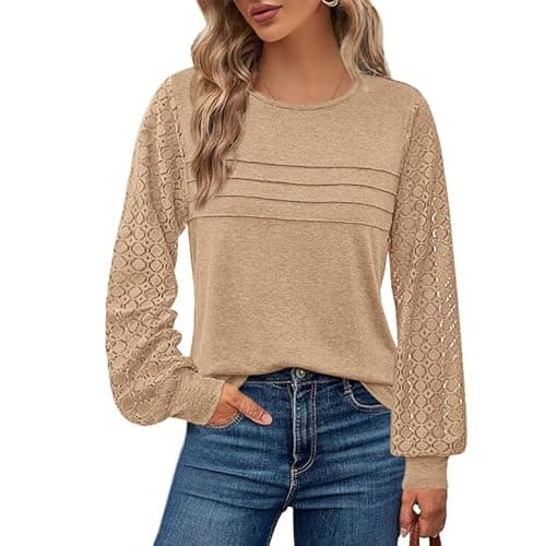 BTFBM Women's Long Sleeve Shirts Dressy Lace Fall Tops 2026 Trendy Business Casual T-Shirts Cute Work Outfits Blouses(Light Khaki, Large) - Image 1