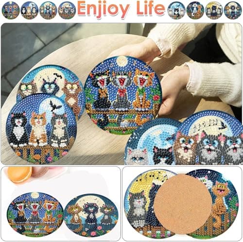 ijbnhd Cat Diamond Painting Coasters Kits, 8 Pieces Cat Diamond Art Coasters with Holder, DIY Art kit for Beginners 4X4inch (Cork Wooden Pad) - Thumbnail 2