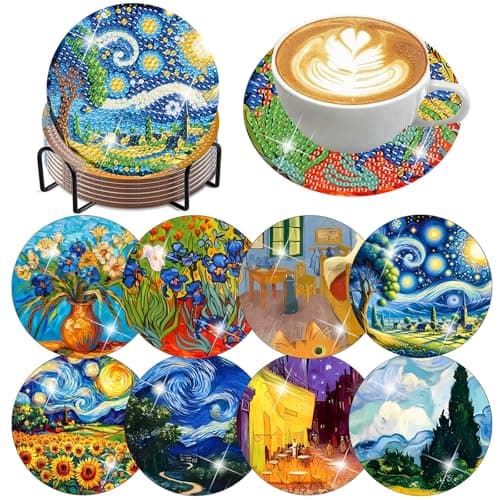 8 Pcs Diamond Art Coasters Kit with Holder, DIY Famous-Painting Diamond Painting Coasters for Beginners Adults, Non Slip Diamond Art Kits Craft Supplies 4x4inch - Image 1