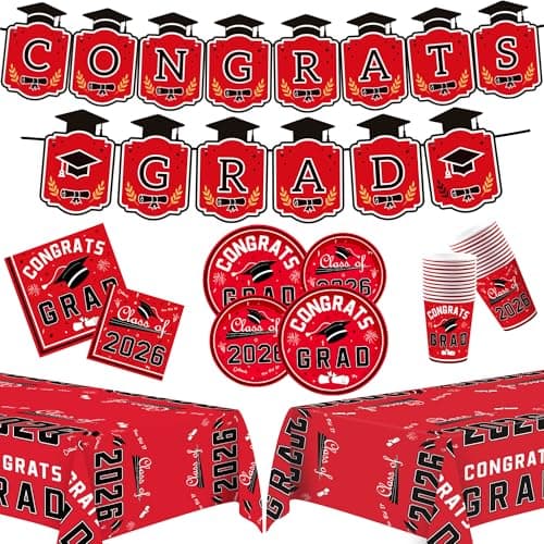 OHOME 2026 Graduation Decorations - Graduation Decorations Class of 2026 - Serve 24 - Red Plates Tablecloth Napkins Cups Banner- Graduation Party Favors Supplies