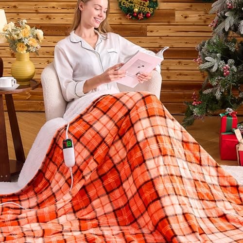 Orange Heated Throw Blanket Electric, 50X60 Heating Throw with 10 Heats Levels&8 Hours Auto Off&Timer for Lap, Plaid Soft Sherpa Orange Blanket Warmer Gift for Women Adults,Halloween Home Decor - Thumbnail 6