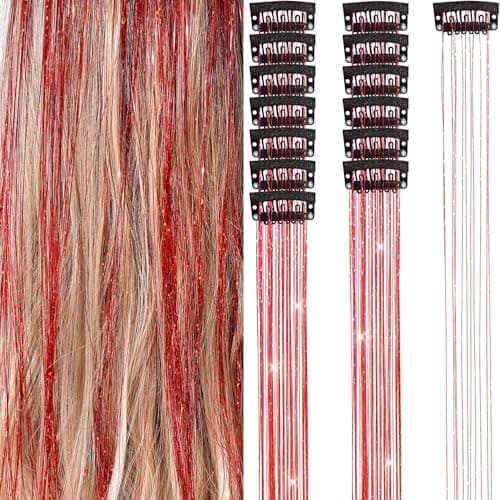 Hair Tinsel 12Pcs Clip in Hair Tinsel Extensions 20.5 Inch Fairy Hair Tinsel Kit for Girls Women Kids Glitter Hair Accessories for Christmas Halloween Cosplay Party (Red) - Image 1