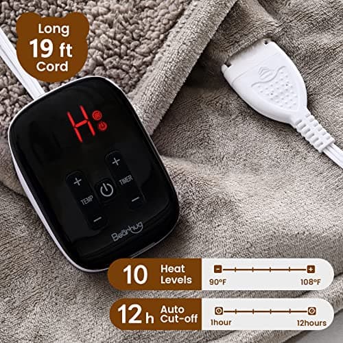Bearhug Electric Blanket Twin Size 62" x 84", Velvet & Sherpa Heated Blanket, 5-Year Warranty, 10 Heating Levels & 1-12H Auto Off, Over-Heat Protect, ETL Certification, Machine Washable - Thumbnail 4