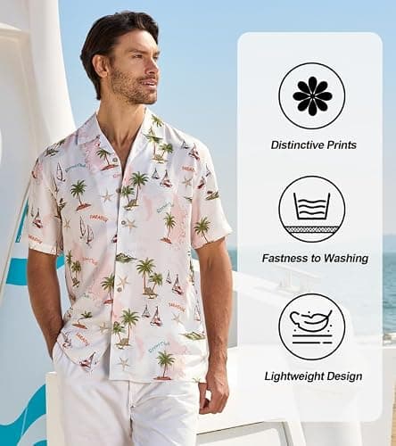 Damipow Mens Unique Pattern Hawaiian Shirt Beach Tropical Button Up Shirts Vacation Cruise Hawaii Summer Clothes,White,XL - Thumbnail 3