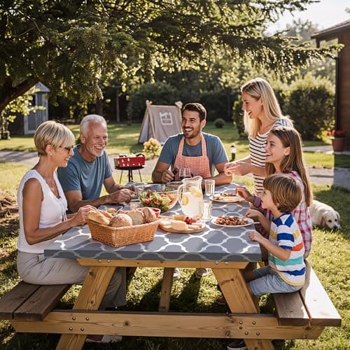 memKiya Fitted Waterproof Picnic Table Cover with Bench Covers Elastic Polyester 72In Camping Tablecloths for 6Foot Rectangle Tables Summer Fall Glamping Roadtrip Stuff Festival Vacation Items Gift - Thumbnail 6