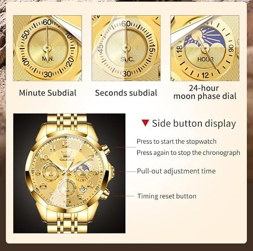 OLEVS Watch Men Luxury Gold Big Face Moon Phase Chronograph Stainless Steel Dress Waterproof Watches for Men Classic Metal Easy Reader Date Analog Quartz Mens Watches Relojes para Hombre - Thumbnail 6