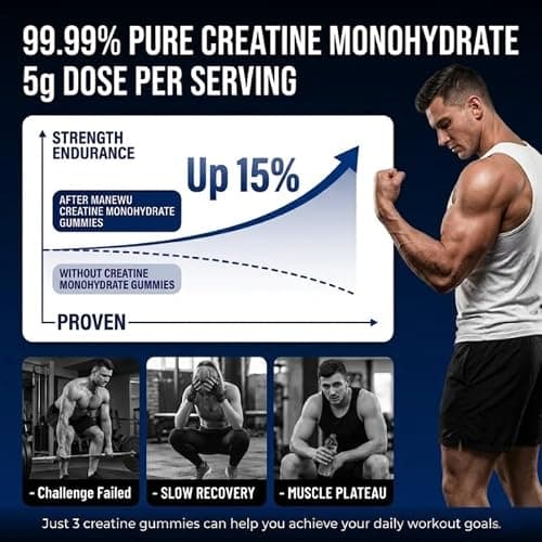 Manewu Creatine Monohydrate Gummies, 5g Creatine Dose, 99.9% Pure Creatine for Men & Women, Lab Verified, Sugar Free & Vegan, Supports Muscle Strength, Recovery & Stamina, Blueberry Flavor, 90 Count - Thumbnail 2
