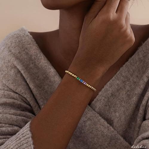 Fohufo Small Birthday Gifts for Women - 14K Gold Plated Beaded Bracelet, Birthstone Bracelets for Women, Valentines Day Birthday Gifts for Woman, Lucky Gift - Thumbnail 2
