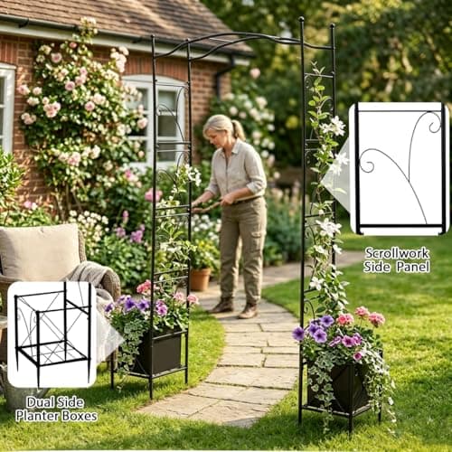 93" Garden Arched Arbor with Planters Outdoor Metal Garden Trellis Flat Top - Thumbnail 3