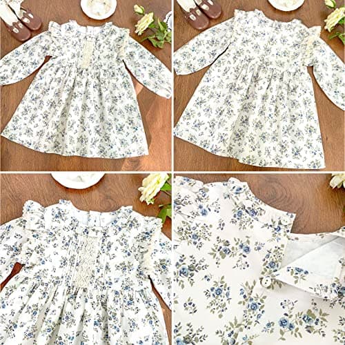 Curipeer Baby Girls Long Sleeve Lace Floral Dress Flower Printed Toddler Outfit Dress for Spring Blue-Floral 8T - Thumbnail 3
