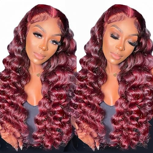 NKTU 30inch Burgundy Lace Front Wigs Human Hair- 99j Deep Wave HD Transparent Lace Frontal Wigs for Women Wine Red Glueless Pre Plucked with Baby Hair 180 Density - Image 1