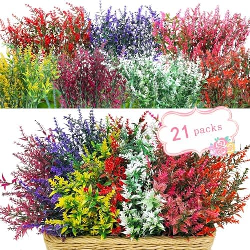 WEAUSUP 21 Bundles Faux Plants Outdoor Fake Flowers Artificial Flowers Fake Shrubs Greenery Bushes Bouquet UV Resistant Faux Bushes Plastic for Home Garden Decor (7 Colors) - Image 1