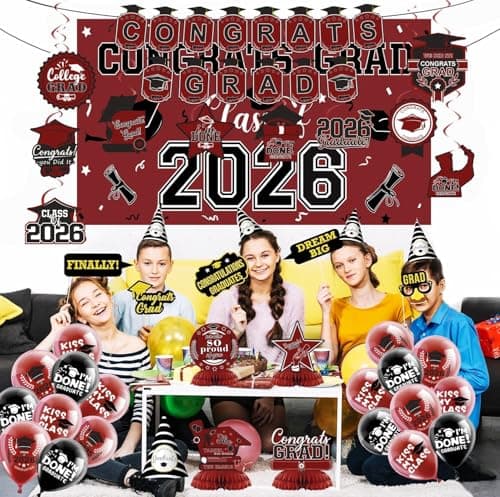 2026 Graduation Decorations Set- Class of 2026 Grad Party Decorations, Congrats Grad Banner, Backdrop, Grad Hanging Swirl, Balloons and Honeycomb Table Toppers, Graduation Party Supplies(Maroon) - Thumbnail 5