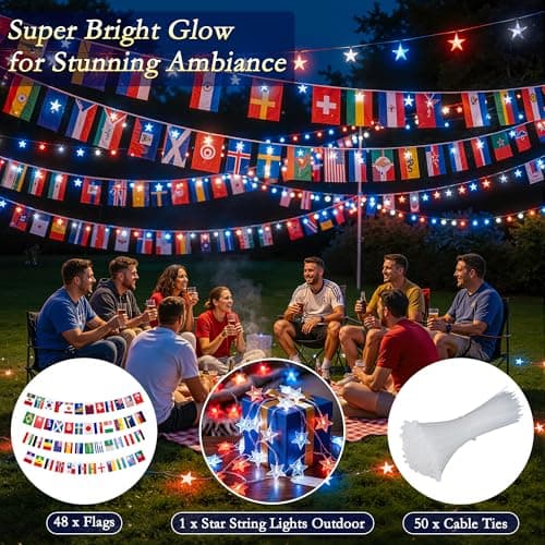 Soagrc 2026 World Cup String Lights Outdoor, 49FT 75 LED Red White Blue Stars Patriotic String Lights Indoor with 48 Country Flags USB Powered for World Cup Party, Independence Day, Sports Events, Bar - Thumbnail 6