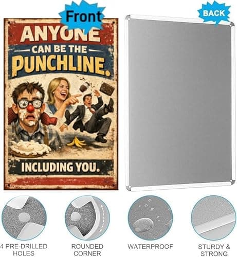 Anyone Can Be the Punchline Metal Tin Sign Funny Retro Humor Quote Wall Decor Pie in Face Banana Slip Prank 8x12 Inch Iron Art Plaque Vintage Laugh Sign - Thumbnail 5