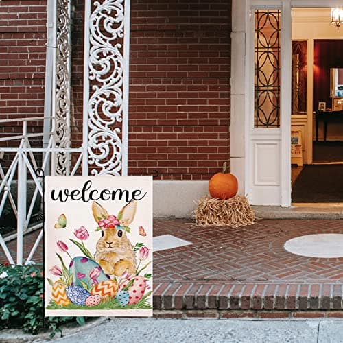 Easter Garden Flag, Welcome Bunny Garden Flag 12x18 Inch Double Sided, Spring Garden Flag for Outside, Burlap Yard Flag for Easter Outdoor Decorations - Thumbnail 5