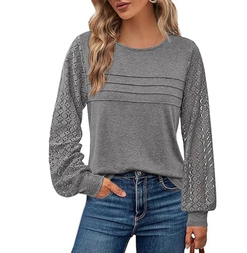 BTFBM Women's Long Sleeve Shirts Dressy Lace Fall Tops 2026 Trendy Business Casual T-Shirts Cute Work Outfits Blouses(Grey, Small) - Image 1
