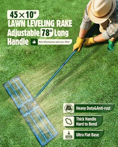 Lawn Leveling Rake,Stainless Steel Lawn Leveler with 45”x10” Ground Plate, 78” Adjustable Long Handle, Heavy Duty Large Level Yard Tool for Grass, Golf Field, Level Soil or Dirt Ground Surfaces-Green - Thumbnail 2