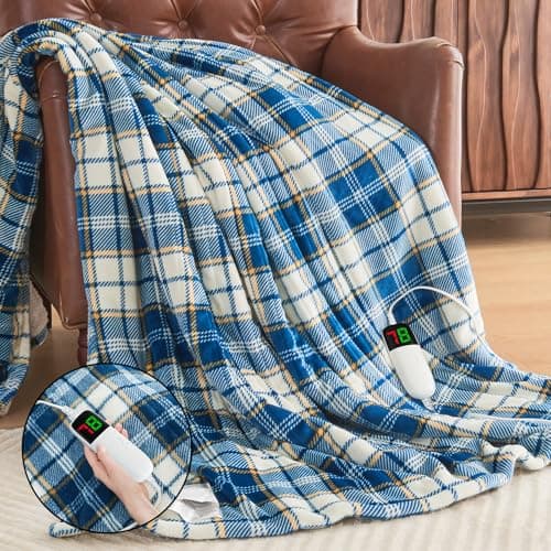 Heated Blanket Electric Throw 50X60 Heating Throw with 10 Levels 8 Hours Auto Off, Blue Plaid Sherpa Blanket Winter Warmer, Home Decor for Couch Bed Office, Mothers Day Gifts for Mom, Women - Image 1