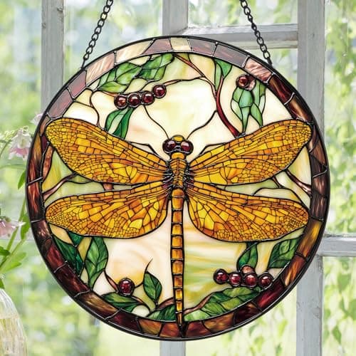 Zizzie Dragonfly Plant Suncatcher -7.9 in Stained Glass Window Hanging Sun Catcher Garden Decor - Thumbnail 2