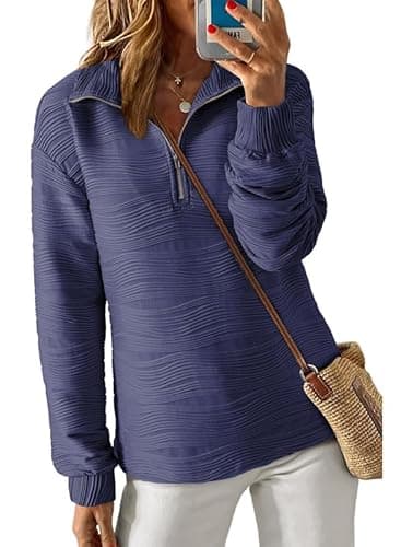 Dokotoo Womens Half Zip Pullover Sweatshirt for Women Long Sleeve Shirts Textured Tops Fall Comfy Loose Fit Jackets Sweatshirts Sweaters Clothes 2026 Trendy Knit Outfits Navy Blue Mdeium - Image 1
