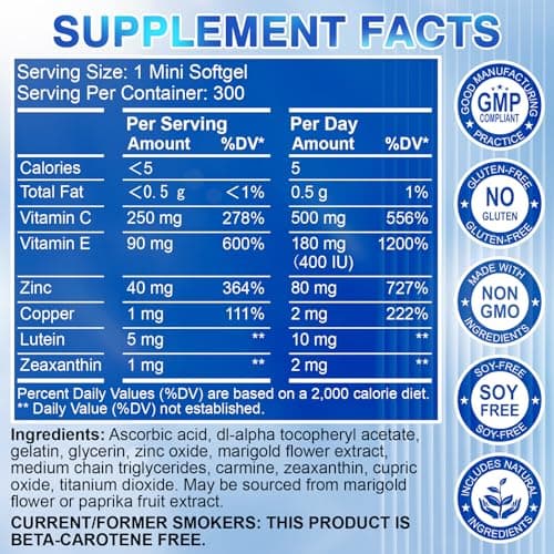 AREDS 2 Eye Vitamin & Mineral Supplement — Lutein and Zeaxanthin Supplement, Vitamin C & E, Zinc & Copper for Blue Light Protection, Eye Health Support, Eyebright , Eye Doctor Trusted — 300 Softgels - Thumbnail 2