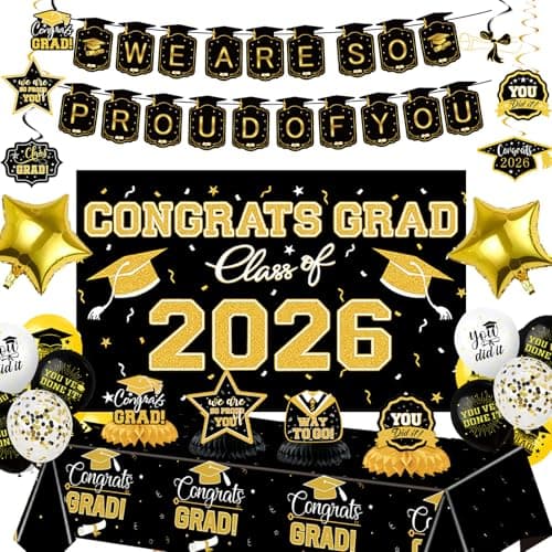 Graduation Decorations 2026 Themed Set - All-in-One Party Supplies with Backdrop & Tablecloth, Congrats Grad Banner for High School College Class of 2026 Decor - Image 1