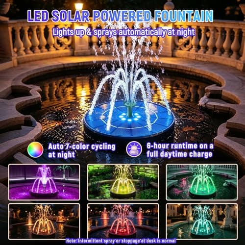 Marchul 3.5W Solar Fountain for Bird Bath Colorful Light with 2200mah Battery, 2026 Upgrade 4-in-1 Nozzles Solar Water Fountain Powered with 4X Fixer Floating Solar Pump for Garden, Pond, Pool - Thumbnail 4