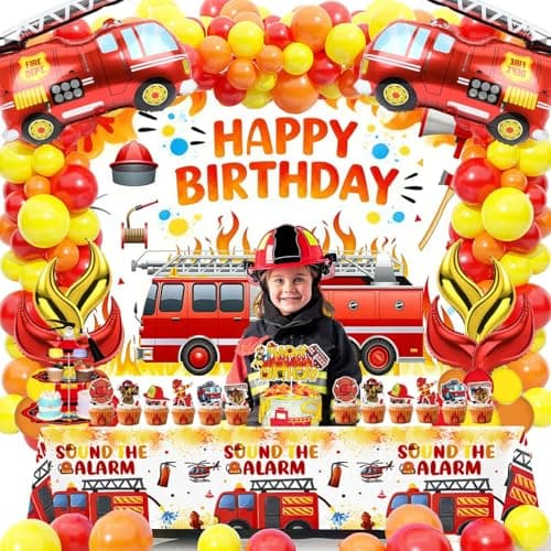 Fire Truck Birthday Party Decorations Kit – Fire Truck Balloon, Firefighter Theme Supplies with Backdrop, Table Cover, Cake Toppers, Balloons for Kids & Boys Rescue Party - Thumbnail 5