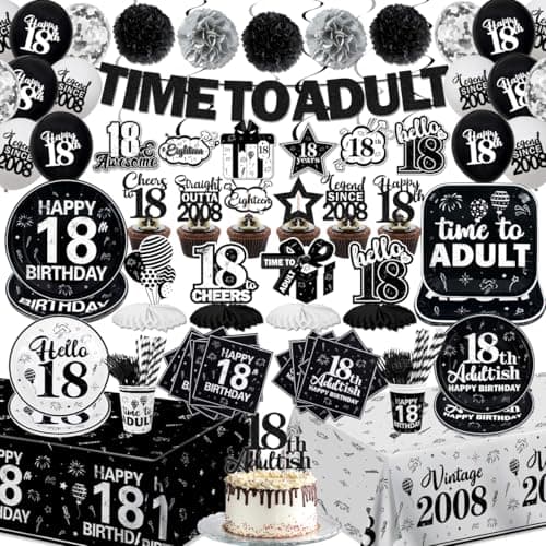 18th Birthday Decorations for Boys Girls Time To Adult 18 Years Old Banner Black White 18th Birthday Plates Napkins Tablecloth Straight Outta 2008 Cake Topper for 18th Birthday Party Supplies,Serve 26