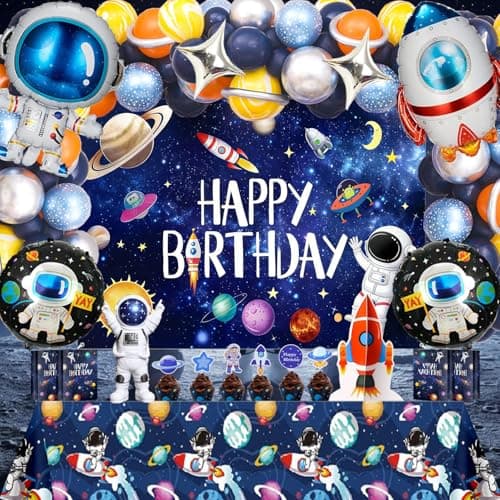 Outer Space Birthday Party Decorations – Space Theme Set with Backdrop, Tablecloth, Rocket & Astronaut Foil Balloons, Star Balloons, Cake Topper & Latex Balloons for Space Themed Party, Room Decor - Image 1