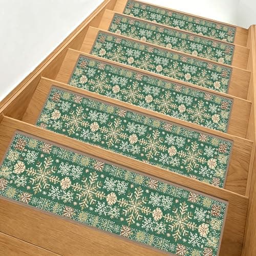 Christmas Non-Slip Stair Treads for Wooden Steps, 15PCS Stair Runner Carpets with Adhesive Backing,8"x30" Peel and Stick, Washable & Reusable,Pet-Friendly Safety Mats for Kids, Elders, Dogs