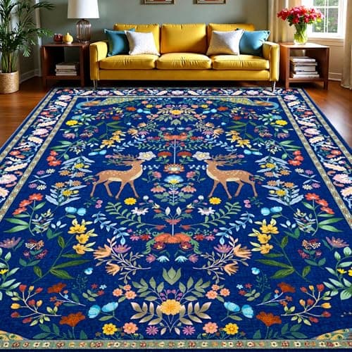 8x10 Blue Farmhouse Rugs for Living Room - Large Unique Washable Area Rug for Bedroom, Dining Room Under Table, Floral & Animal Design, Low Pile Soft Carpet - Thumbnail 2