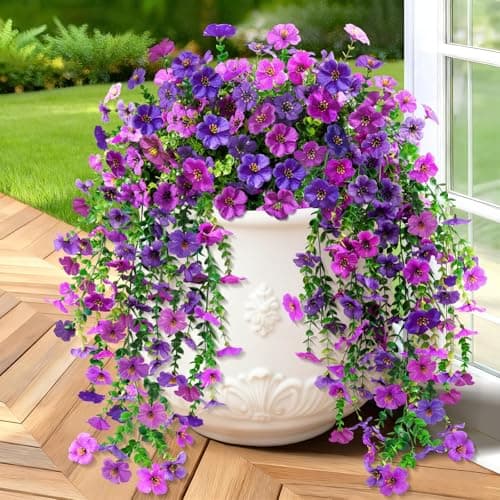 BlessedSeason 2 Pcs Artificial Hanging Flowers, UV Resistant Fake Flowers with Flexible Stems, Full Bundle Faux Flowers for Outdoor Planters, Zero Maintenance for Patio, Garden, Balcony, Double Purple - Image 1