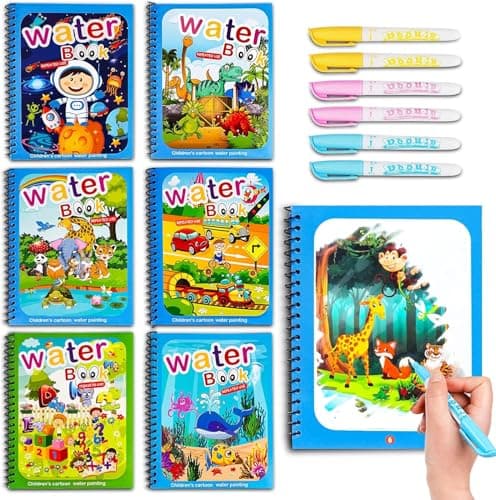 Water Coloring Books for Toddlers, Water Painting Book with Water Pen, Mess-Free Coloring Book, Reusable Portable Educational Toys, for Toddlers & Kids Ages 3+ (6 Pack)