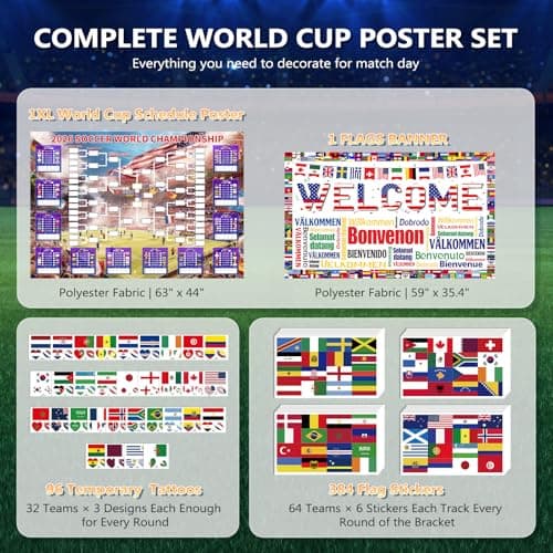 2026 World Soccer Cup Schedule Poster 4-Piece Set, 63 x 44 Inch Extra Large Premium Polyester Match Tracker, Waterproof Wrinkle-Resistant Chart with Flag Banner, 384 Flag Stickers & 96 Water Tattoos - Thumbnail 4