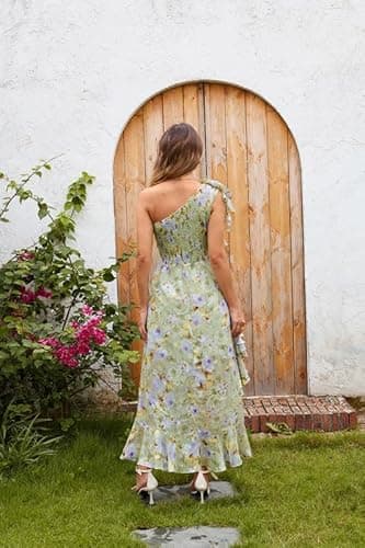 GRACE KARIN Womens Floral Summer One Shoulder Ruffle Maxi Dresses Flowy A-Line Beach Boho Sundresses Green Purple 18 - Thumbnail 3
