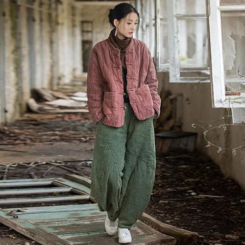 MOYUYUNJIAN Women's Short Quilted Jacket Cotton Front Bohemian Style Top Autumn/Winter Solid Color Coat (US, Alpha, One Size, Regular, Regular, Smoke Red) - Thumbnail 2