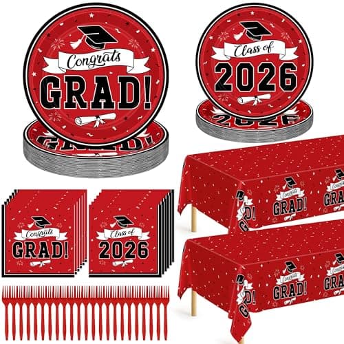 QZYL 122 Pcs Graduation Decorations 2026 Set, Disposable Class of 2026 Graduation Dinnerware, Red Grad Plates and Napkins Forks Tablecloth Congrats Grad Paper Dinnerware Serve 30 Party Decorations - Image 1