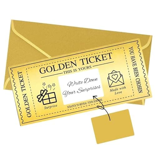 GEVOPREFRRED Golden Ticket with Envelopes, Scratch off Card Surprise Gift Reveal, Card as Perfect for Birthday Wedding Concert Ticket Cinema Voucher Raffle Gift