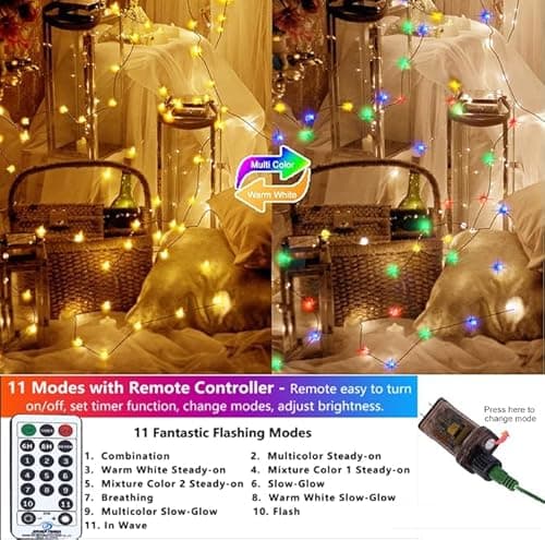 XUNXMAS Outdoor Indoor String Lights Christmas 500LED Warm White Multicolor Fairy Lights 164ft Green Wire Dimmable with Remote Control, Waterproof Fairy Light for DIY Christmas Tree - Thumbnail 2