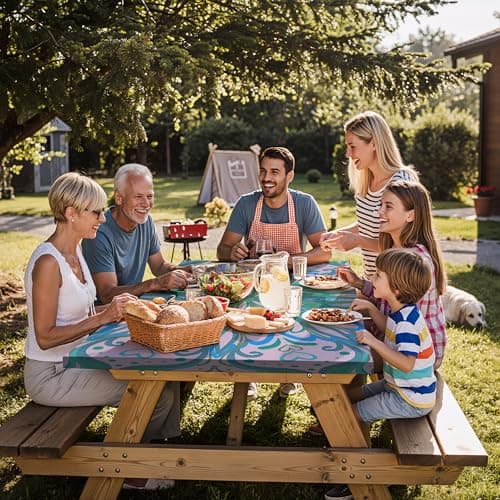 memKiya Fitted Waterproof Picnic Table Cover with Bench Covers Elastic Polyester 96in Camping Tablecloths for 8Foot Rectangle Tables Summer Fall Glamping Roadtrip Stuff Festival Vacation Items Gift - Thumbnail 6