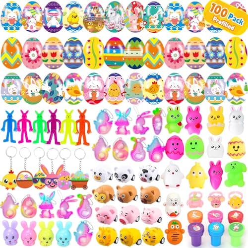 PLOUGVI 100 Pcs Prefilled Easter Eggs with Toys, Filled with Toys Party Favors for Kids Boys Girls Easter Eggs Hunt, Basket Stuffers Fillers, Classroom Prize Supplies