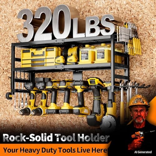 SEENWUUN Power Tool Organizer Wall Mount Heavy Duty 320 lbs, 3 Layers Storage Rack with 9 Drill Holders & Battery Storage, cordless tool organizer for Garage, Workshop & Tool Room - Thumbnail 3