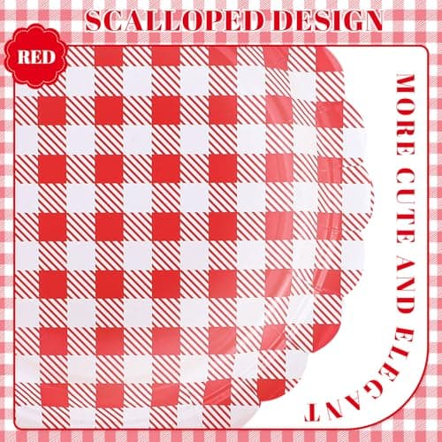 NatNarr 30 Pcs Red Gingham Plates, 9 Inch Scalloped Camping Plaid Dessert Dinner Party Plates Red and White Gingham Party Supplies for Picnic, Bbq Party, Graduation - Thumbnail 3